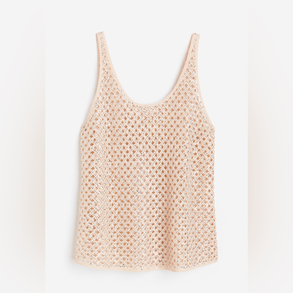 H&M Sequined Hole-Knit Tank Top Light Beige Medium Recycled Fabric